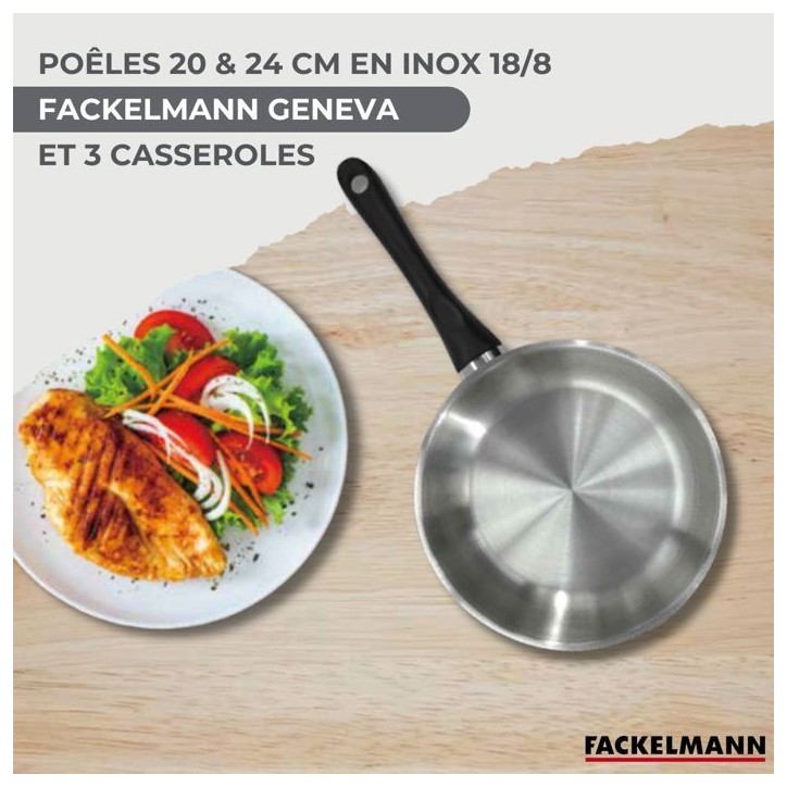 Batterie de cuisine - Tous feux dont induction - FACKELMANN - Geneva - Inox - 2 poeles 20 et 24, 3 casseroles et 6 ustensiles