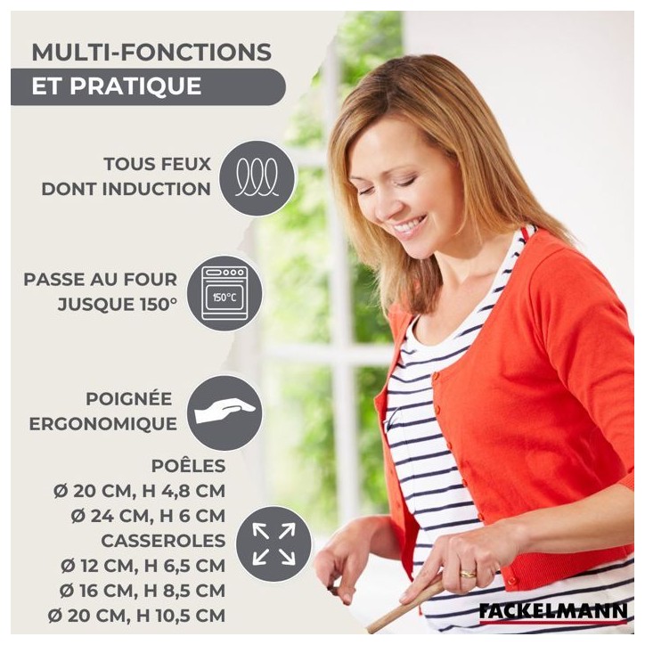 Batterie de cuisine - Tous feux dont induction - FACKELMANN - Geneva - Inox - 2 poeles 20 et 24, 3 casseroles et 6 ustensiles