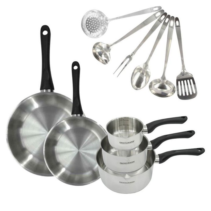 Batterie de cuisine - Tous feux dont induction - FACKELMANN - Geneva - Inox - 2 poeles 24 et 28, 3 casseroles et 6 ustensiles