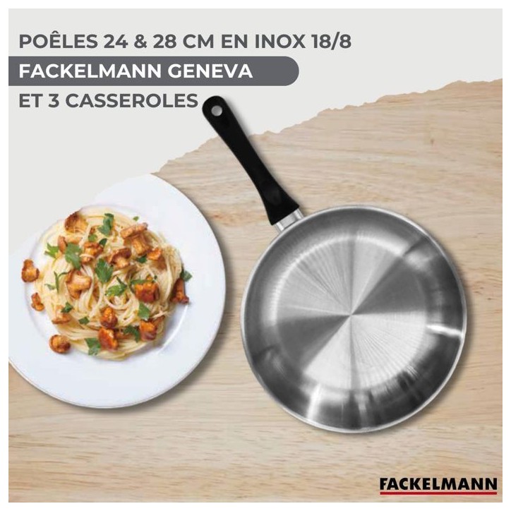Batterie de cuisine - Tous feux dont induction - FACKELMANN - Geneva - Inox - 2 poeles 24 et 28, 3 casseroles et 6 ustensiles