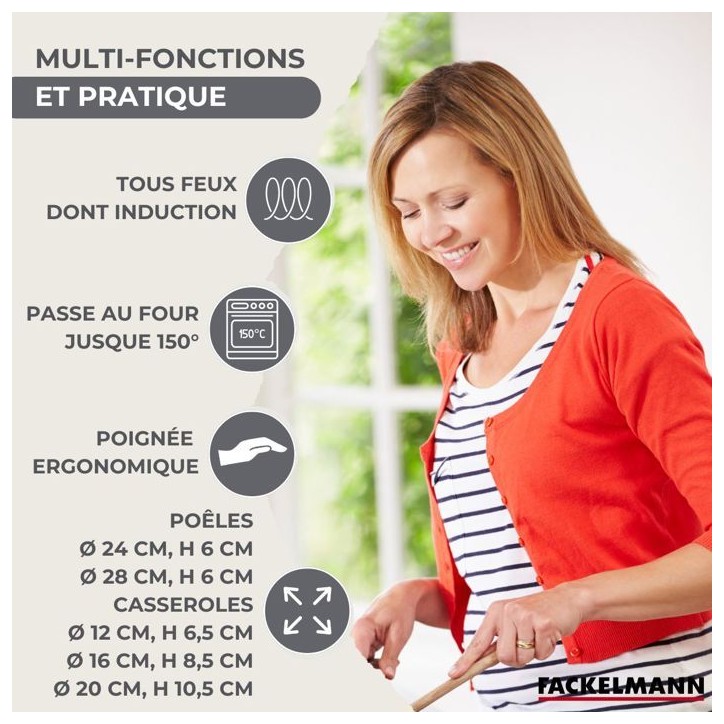 Batterie de cuisine - Tous feux dont induction - FACKELMANN - Geneva - Inox - 2 poeles 24 et 28, 3 casseroles et 6 ustensiles