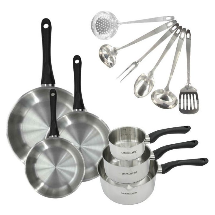 Batterie de cuisine a induction - FACKELMANN - Geneva - Inox 18/8 - 12 pieces - 3 poeles, 3 casseroles et 6 ustensiles
