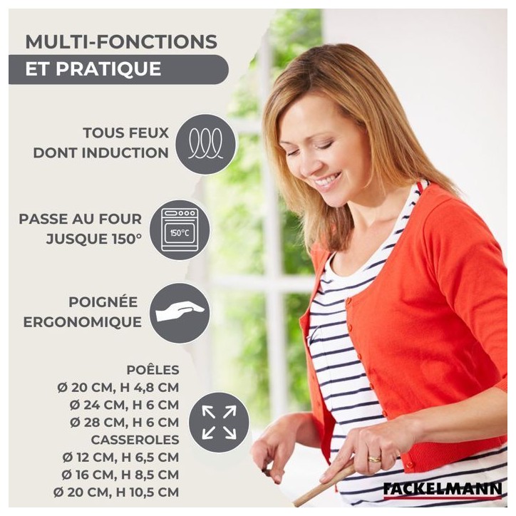 Batterie de cuisine a induction - FACKELMANN - Geneva - Inox 18/8 - 12 pieces - 3 poeles, 3 casseroles et 6 ustensiles