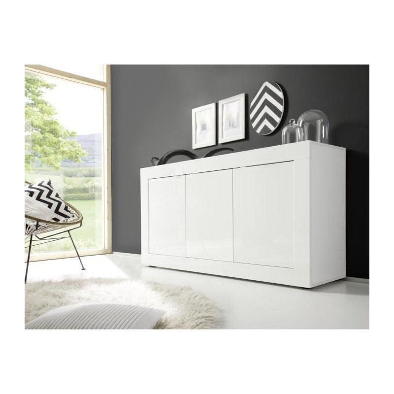 Buffet BASICO - Décor blanc laqué brillant - 3 Portes - L160 x P42 x Buffet BASICO - Décor blanc laqué brillant - 3 Portes - L160 x P42 x