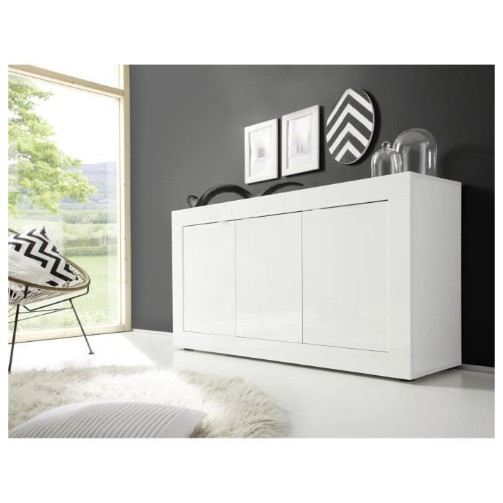 Buffet BASICO - Décor blanc laqué brillant - 3 Portes - L160 x P42 x H85,8 cm Buffet BASICO - Décor blanc laqué brillant - 3 Portes - L160 x P42 x H85,8 cm
