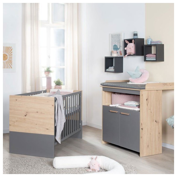 Chambre bébé duo : Lit 60 x 120 cm + commode a langer évolutive - ANNA - ROBA - Chene Kent / Anthracite Chambre bébé duo : Lit 60 x 120 cm + commode a langer évolutive - ANNA - ROBA - Chene Kent / Anthracite