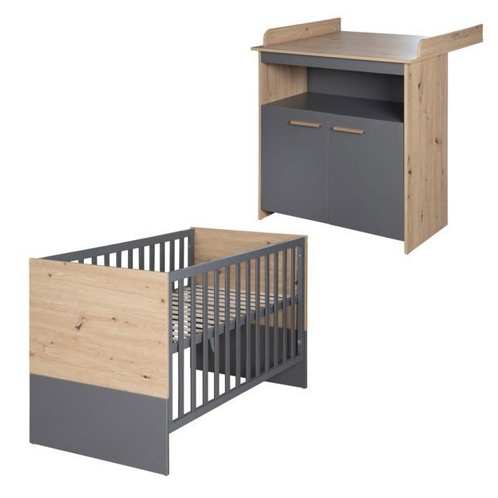 Chambre bébé duo : Lit 60 x 120 cm + commode a langer évolutive - ANNA - ROBA - Chene Kent / Anthracite Chambre bébé duo : Lit 60 x 120 cm + commode a langer évolutive - ANNA - ROBA - Chene Kent / Anthracite
