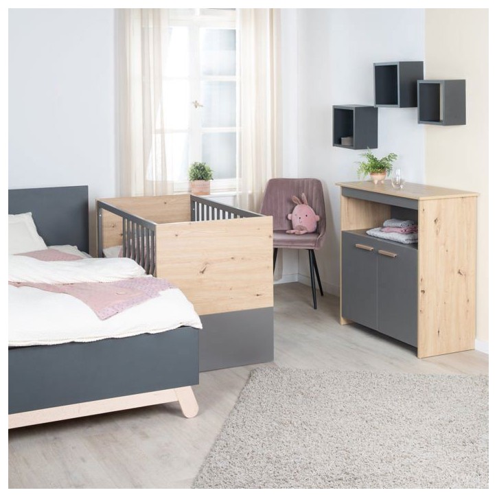 Chambre bébé duo : Lit 60 x 120 cm + commode a langer évolutive - ANNA - ROBA - Chene Kent / Anthracite Chambre bébé duo : Lit 60 x 120 cm + commode a langer évolutive - ANNA - ROBA - Chene Kent / Anthracite
