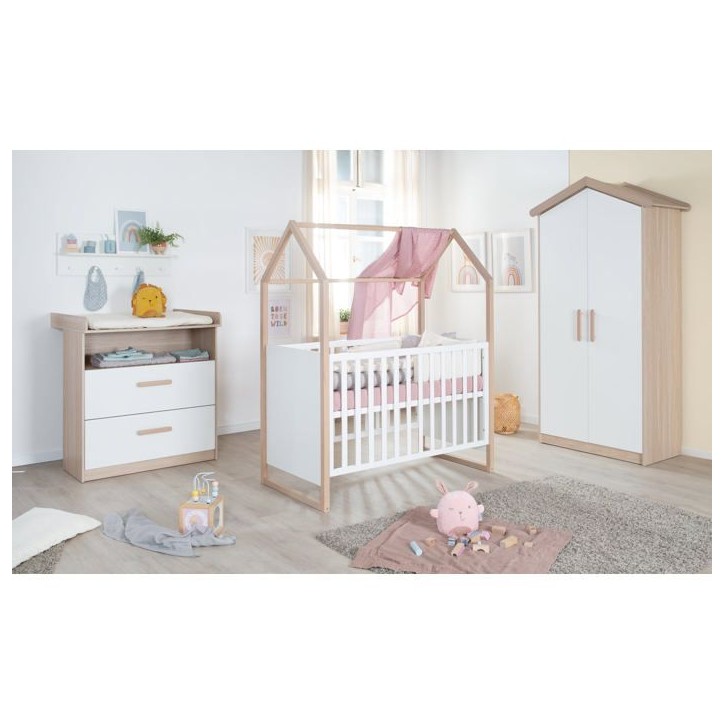 Chambre bébé complete : Lit 60 x 120 cm + commode a langer évolutive + armoire - CABANE - ROBA - Chene / Blanc
