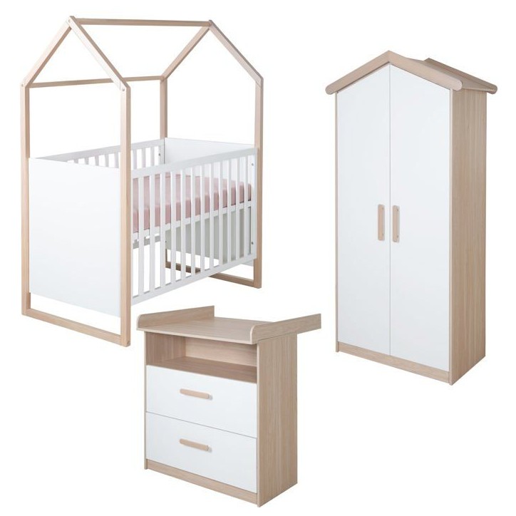 Chambre bébé complete : Lit 60 x 120 cm + commode a langer évolutive + armoire - CABANE - ROBA - Chene / Blanc