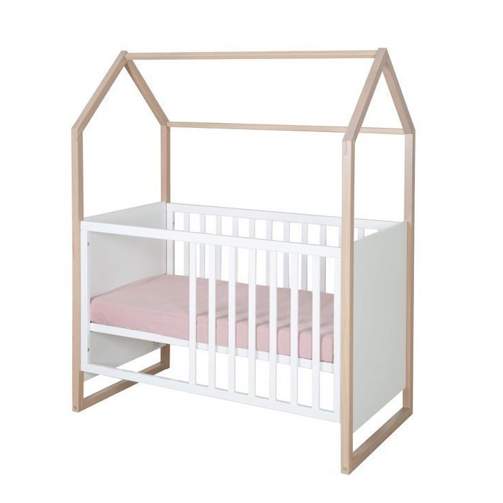 Chambre bébé complete : Lit 60 x 120 cm + commode a langer évolutive + armoire - CABANE - ROBA - Chene / Blanc