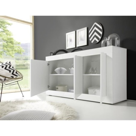 Buffet BASICO - Décor blanc laqué brillant - 3 Portes - L160 x P42 x H85,8 cm