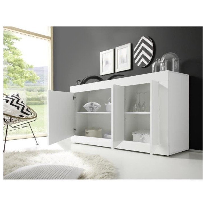 Buffet BASICO - Décor blanc laqué brillant - 3 Portes - L160 x P42 x H85,8 cm Buffet BASICO - Décor blanc laqué brillant - 3 Portes - L160 x P42 x H85,8 cm