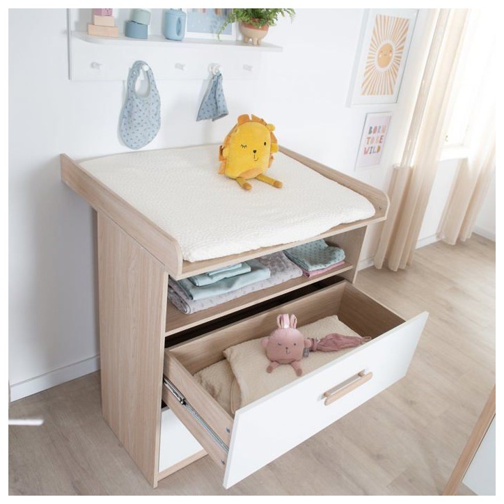 Chambre bébé complete : Lit 60 x 120 cm + commode a langer évolutive + armoire - CABANE - ROBA - Chene / Blanc
