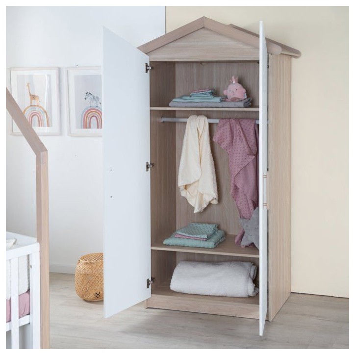 Chambre bébé complete : Lit 60 x 120 cm + commode a langer évolutive + armoire - CABANE - ROBA - Chene / Blanc