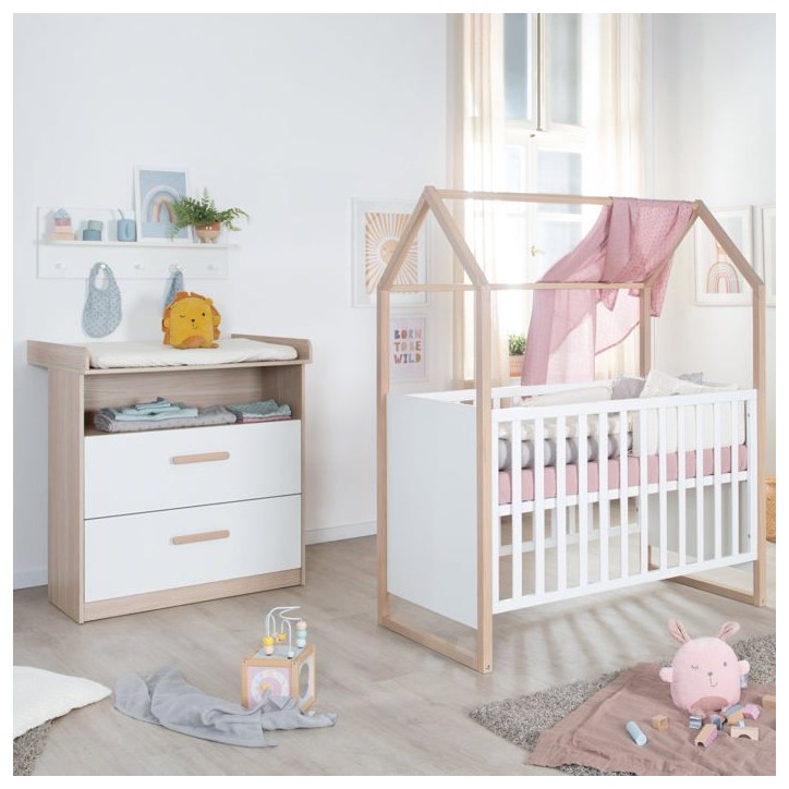 Chambre bébé duo : Lit 60 x 120 cm + commode a langer évolutive - CABANE - ROBA - Chene / Blanc