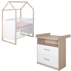Chambre bébé duo : Lit 60 x 120 cm + commode a langer évolutive - CABANE - ROBA - Chene / Blanc
