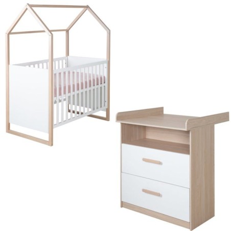 Chambre bébé duo : Lit 60 x 120 cm + commode a langer évolutive - CABANE - ROBA - Chene / Blanc