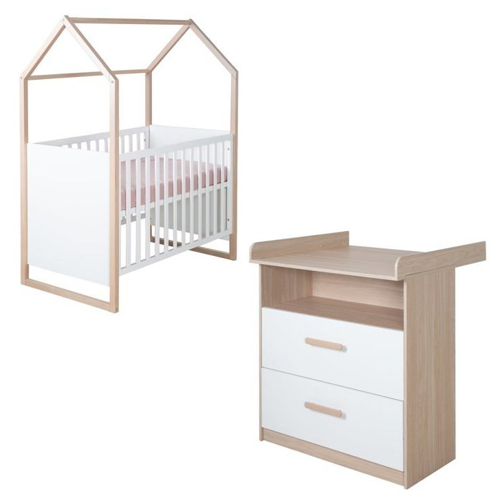 Chambre bébé duo : Lit 60 x 120 cm + commode a langer évolutive - CABANE - ROBA - Chene / Blanc
