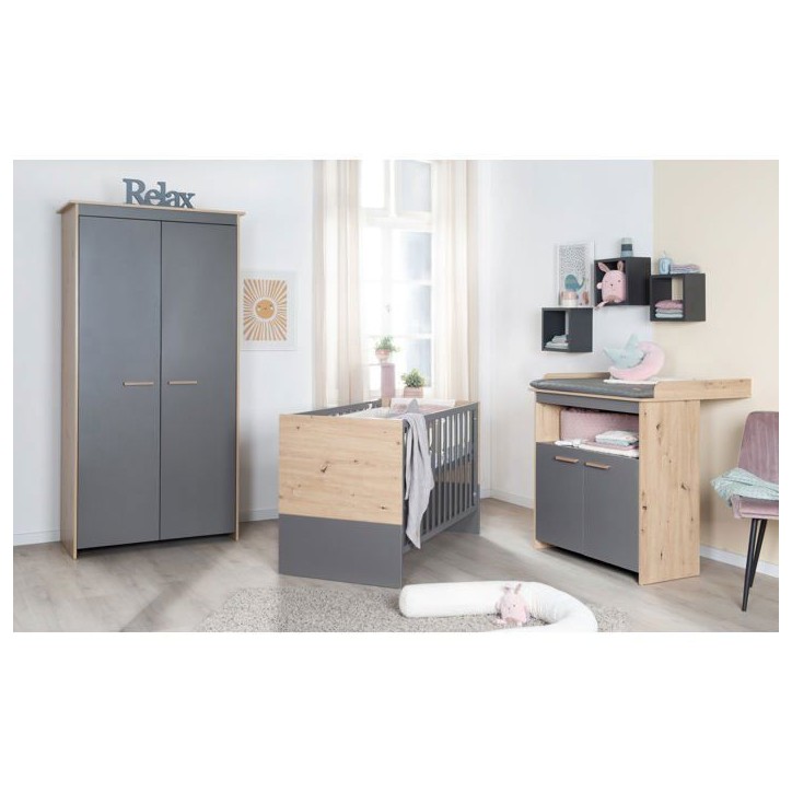Chambre bébé complete : Lit 60 x 120 cm + commode a langer + armoire - ANNA - ROBA - Chene Kent / Anthracite