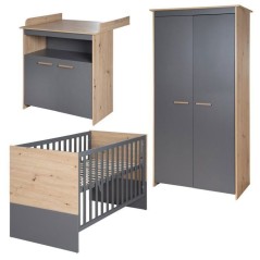 Chambre bébé complete : Lit 60 x 120 cm + commode a langer + armoire - ANNA - ROBA - Chene Kent / Anthracite