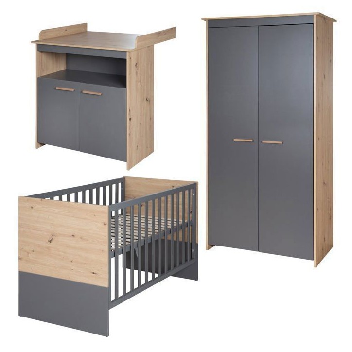 Chambre bébé complete : Lit 60 x 120 cm + commode a langer + armoire - ANNA - ROBA - Chene Kent / Anthracite