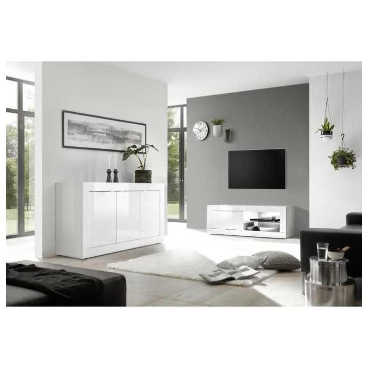 Buffet BASICO - Décor blanc laqué brillant - 3 Portes - L160 x P42 x H85,8 cm Buffet BASICO - Décor blanc laqué brillant - 3 Portes - L160 x P42 x H85,8 cm