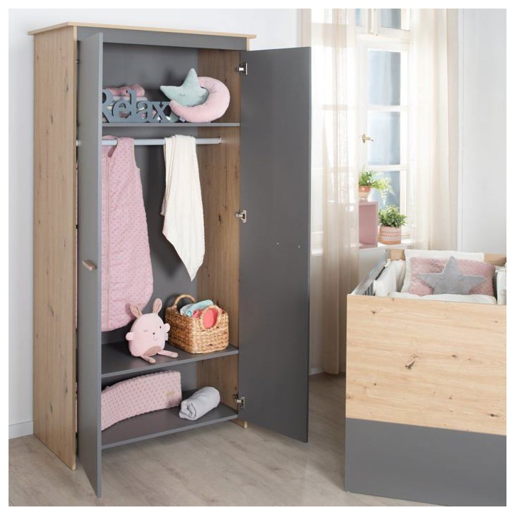 Chambre bébé complete : Lit 60 x 120 cm + commode a langer + armoire - ANNA - ROBA - Chene Kent / Anthracite