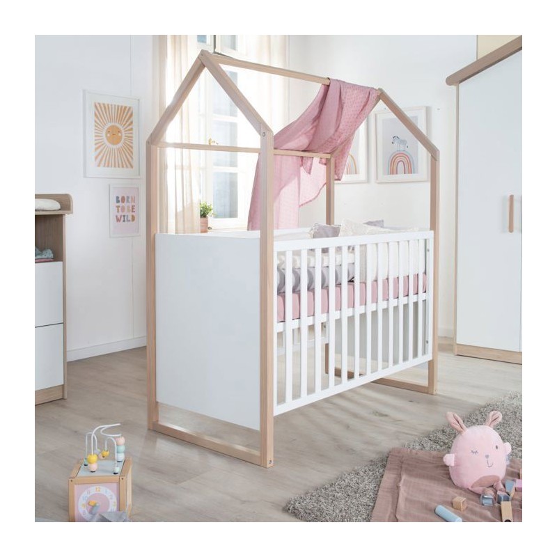 Lit bébé et cododo 2-en-1 - 60 x 120 cm - ROBA - CABANE - Chene / Bl