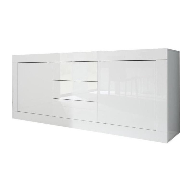 Buffet BASICO 2 Portes 3 Tiroirs Blanc Laqué brillant - L210xP42xH85, Buffet BASICO 2 Portes 3 Tiroirs Blanc Laqué brillant - L210xP42xH85,