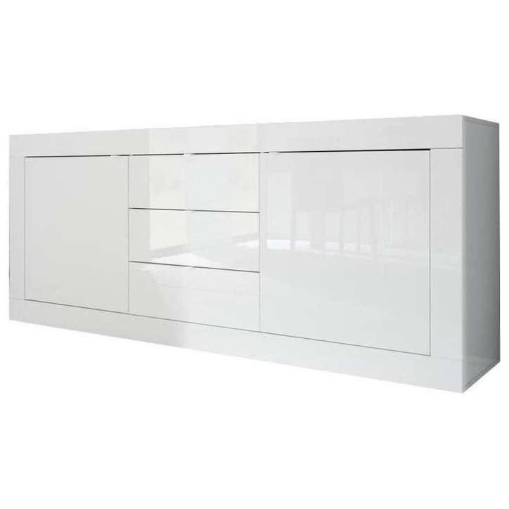 Buffet BASICO 2 Portes 3 Tiroirs Blanc Laqué brillant - L210xP42xH85,8 cm