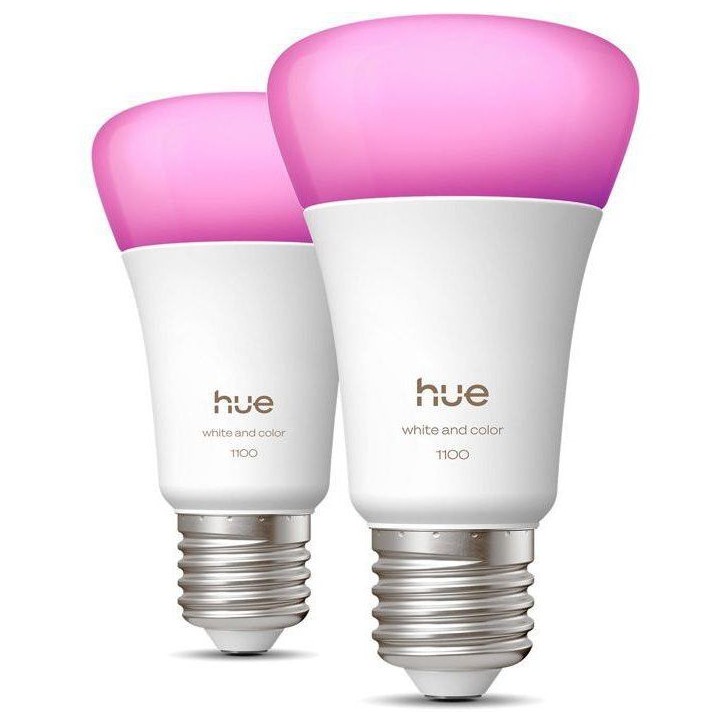 Pack de 2 ampoules LED connectées A60 - PHILIPS HUE - Lumiere blanche et colorée - Culot E27 - 8,1W - 1000-2000k - 1100 lumens Pack de 2 ampoules LED connectées A60 - PHILIPS HUE - Lumiere blanche et colorée - Culot E27 - 8,1W - 1000-2000k - 1100 lumens