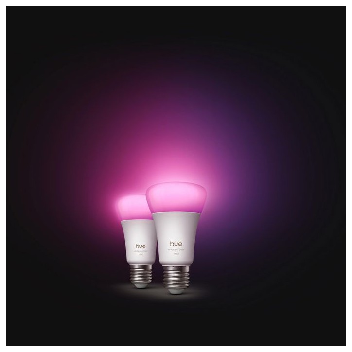 Pack de 2 ampoules LED connectées A60 - PHILIPS HUE - Lumiere blanche et colorée - Culot E27 - 8,1W - 1000-2000k - 1100 lumens Pack de 2 ampoules LED connectées A60 - PHILIPS HUE - Lumiere blanche et colorée - Culot E27 - 8,1W - 1000-2000k - 1100 lumens