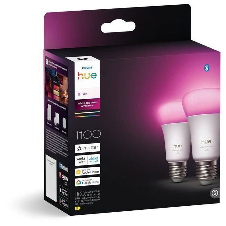 Pack de 2 ampoules LED connectées A60 - PHILIPS HUE - Lumiere blanche et colorée - Culot E27 - 8,1W - 1000-2000k - 1100 lumens Pack de 2 ampoules LED connectées A60 - PHILIPS HUE - Lumiere blanche et colorée - Culot E27 - 8,1W - 1000-2000k - 1100 lumens