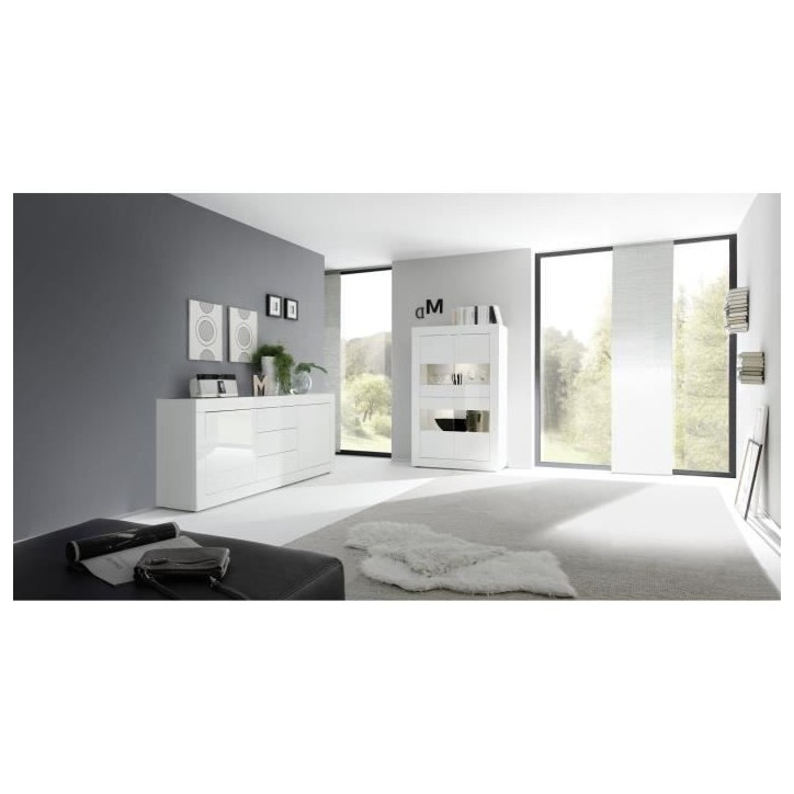 Buffet BASICO 2 Portes 3 Tiroirs Blanc Laqué brillant - L210xP42xH85,8 cm