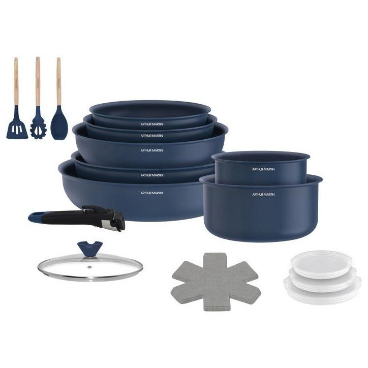 Batterie de cuisine - Tous feux dont induction - ARTHUR MARTIN – Revetement céramique - 18 pieces - Poignée amovible
