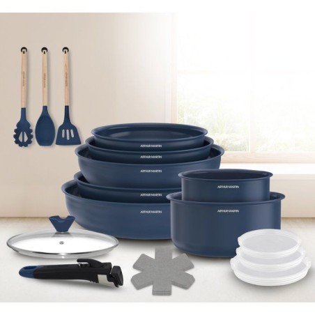 Batterie de cuisine - Tous feux dont induction - ARTHUR MARTIN – Revetement céramique - 18 pieces - Poignée amovible