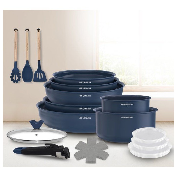 Batterie de cuisine - Tous feux dont induction - ARTHUR MARTIN – Revetement céramique - 18 pieces - Poignée amovible