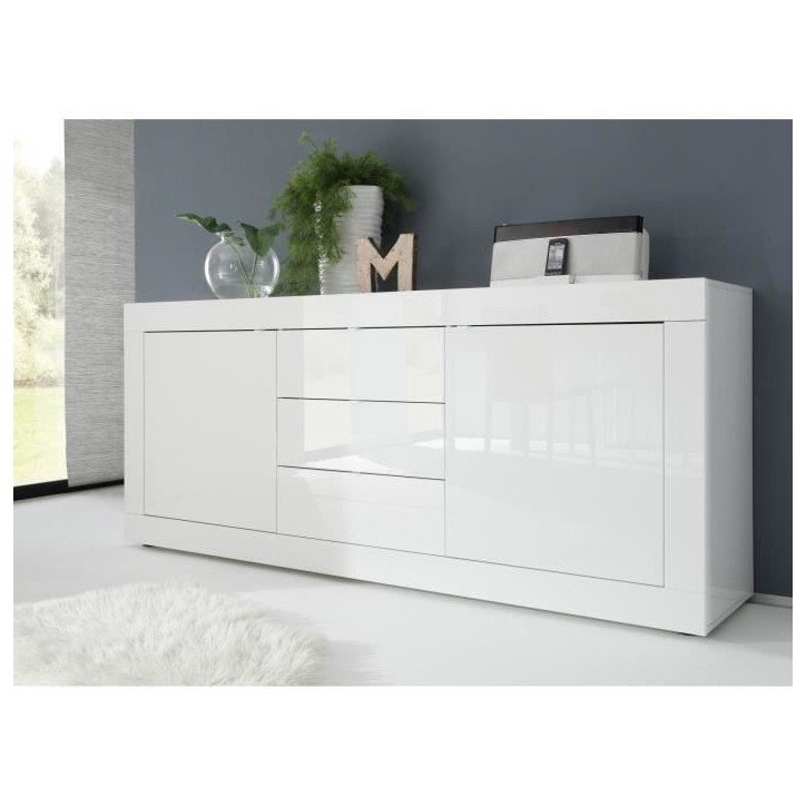 Buffet BASICO 2 Portes 3 Tiroirs Blanc Laqué brillant - L210xP42xH85,8 cm