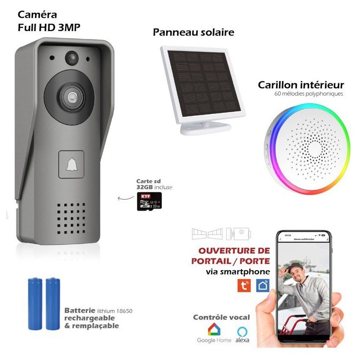 Portier Vidéo - KYF - Wifi - Rechargeable avec panneau solaire - Carillon intérieur et Carte SD 16Go Portier Vidéo - KYF - Wifi - Rechargeable avec panneau solaire - Carillon intérieur et Carte SD 16Go