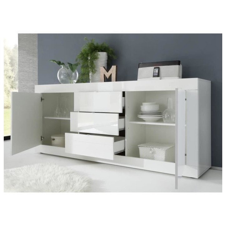 Buffet BASICO 2 Portes 3 Tiroirs Blanc Laqué brillant - L210xP42xH85,8 cm