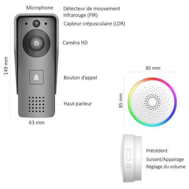 Portier Vidéo - KYF - Wifi - Rechargeable avec panneau solaire - Carillon intérieur et Carte SD 16Go Portier Vidéo - KYF - Wifi - Rechargeable avec panneau solaire - Carillon intérieur et Carte SD 16Go