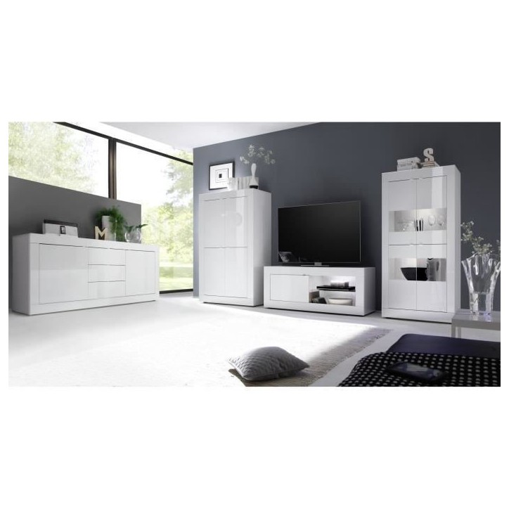 Buffet BASICO 2 Portes 3 Tiroirs Blanc Laqué brillant - L210xP42xH85,8 cm