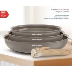 Set de 3 poeles - Tous feux dont induction - ARTHUR MARTIN - AM4587 - Céramique - Ø 20-24-28 cm + poignée amovible - Taupe