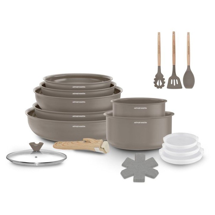 Batterie de cuisine - Tous feux dont induction - ARTHUR MARTIN – Revetement céramique - 18 pieces - Poignée amovible effet b