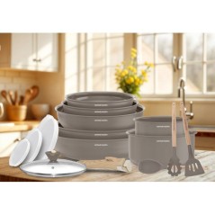 Batterie de cuisine - Tous feux dont induction - ARTHUR MARTIN – Revetement céramique - 18 pieces - Poignée amovible effet b