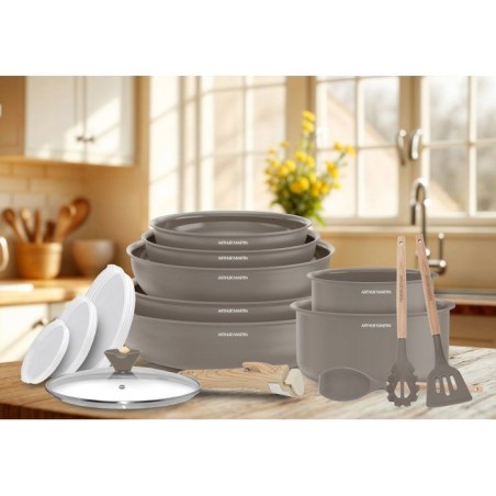 Batterie de cuisine - Tous feux dont induction - ARTHUR MARTIN – Revetement céramique - 18 pieces - Poignée amovible effet b