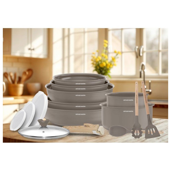 Batterie de cuisine - Tous feux dont induction - ARTHUR MARTIN – Revetement céramique - 18 pieces - Poignée amovible effet b