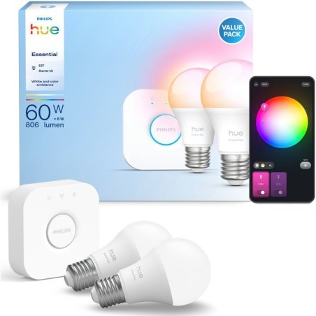 Kit de démarrage - Philips Hue - 1 Bridge - 2 ampoules A60 - Lumiere blanche et colorée