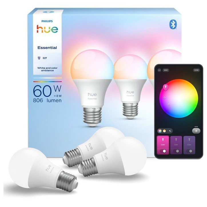 Pack de 3 ampoules - Philips Hue - Essential - E27 - A60 - Lumiere blanche et colorée - 8 W Pack de 3 ampoules - Philips Hue - Essential - E27 - A60 - Lumiere blanche et colorée - 8 W